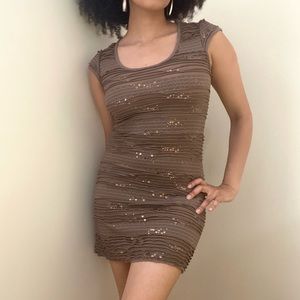 Promod sparkly taupe ruched scoop-neck mini dress w/ rose gold sequins